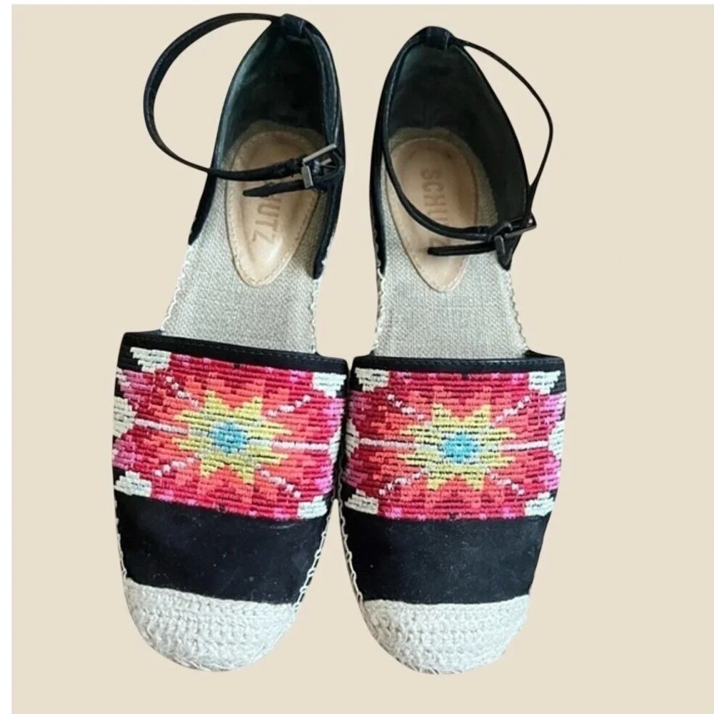 Schutz Espadrille Flats 6B Black Pink Embroidered Sunburst Ankle Strap Good